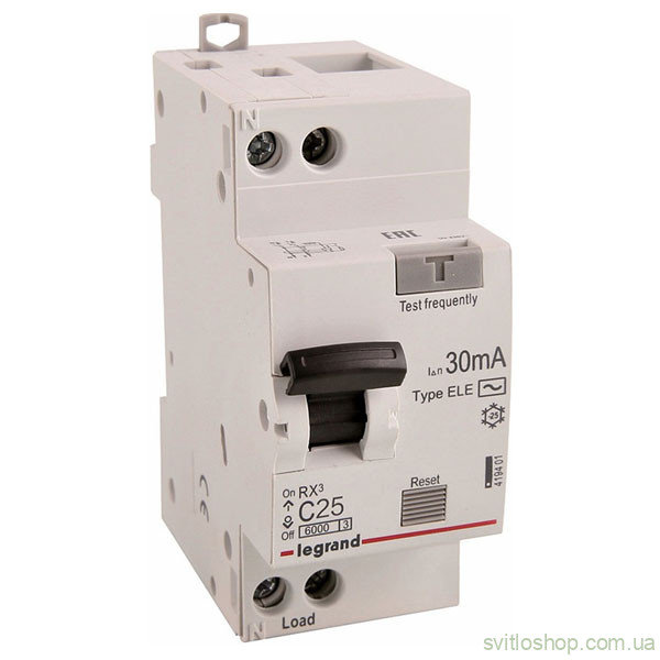Дифференциальный выключатель LEGRAND RX³, 25А, 30мА, тип "C", АC, 1P+N, 6кА