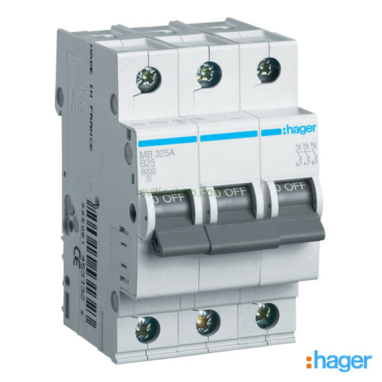 Автоматический выключатель HAGER MB, 25А, 3P, тип "B" 6кА
