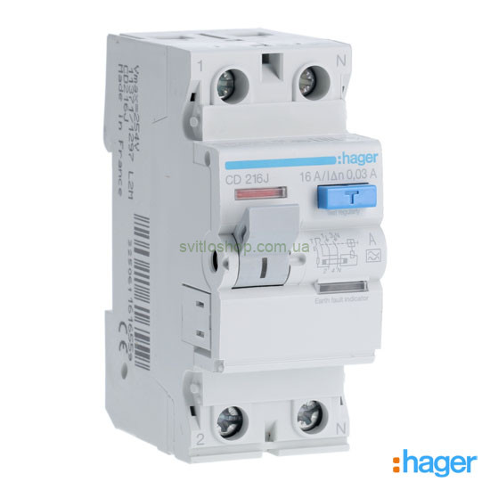 Устройство защитного отключения УЗО HAGER CDA216D 16А, 2P, 30мА, А, 6кА