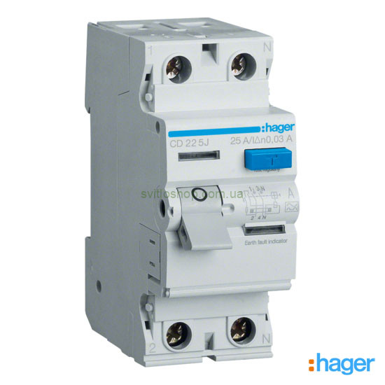 Устройство защитного отключения УЗО HAGER CDA225D 25А, 2P, 30мА, А, 6кА