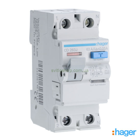 Устройство защитного отключения УЗО HAGER CDA263D, 63А, 2P, 30мА, А, 6кА