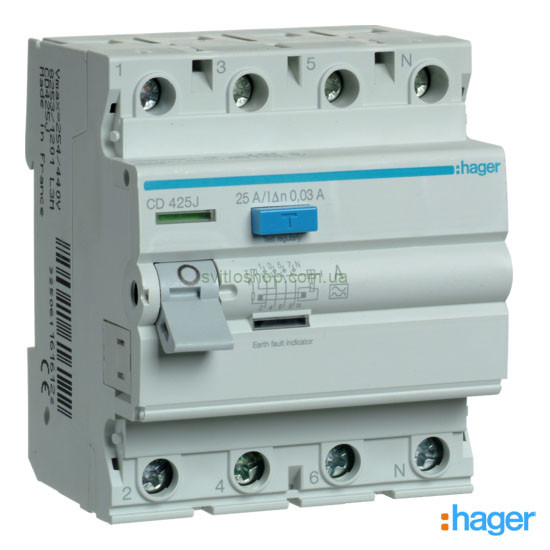 Устройство защитного отключения УЗО HAGER CDA425D 25А, 4P, 30мА, А, 6кА