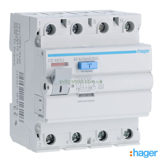 Устройство защитного отключения УЗО HAGER CDA463D 63А, 4P, 30мА, А, 6кА